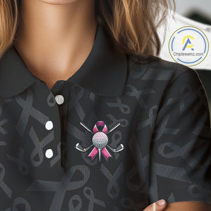 Pink and black Ribbons Pattern Women Golf Polo Shirt Custom Breast cancer awareness Team Golf attire NQS10559