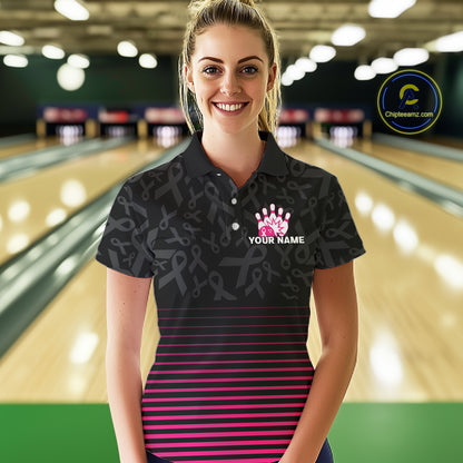 Pink and black Ribbons Pattern Bowling Shirts For Women Custom Breast cancer Team Bowler Jersey NQS10560