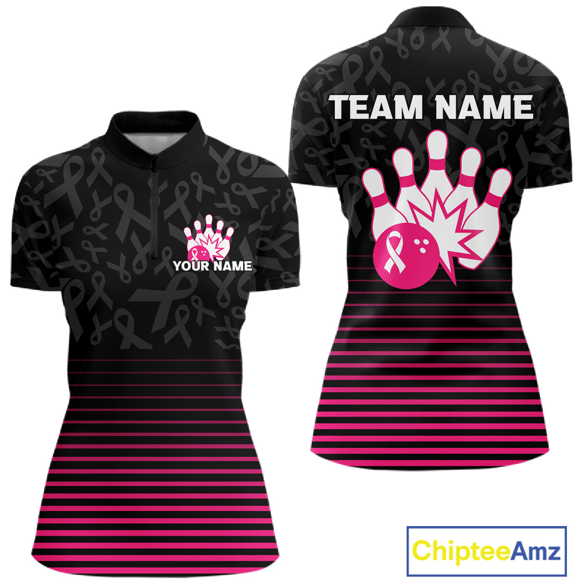 Pink and black Ribbons Pattern Bowling Shirts For Women Custom Breast cancer Team Bowler Jersey NQS10560