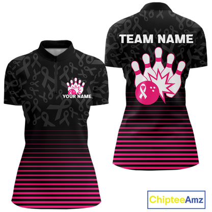 Pink and black Ribbons Pattern Bowling Shirts For Women Custom Breast cancer Team Bowler Jersey NQS10560