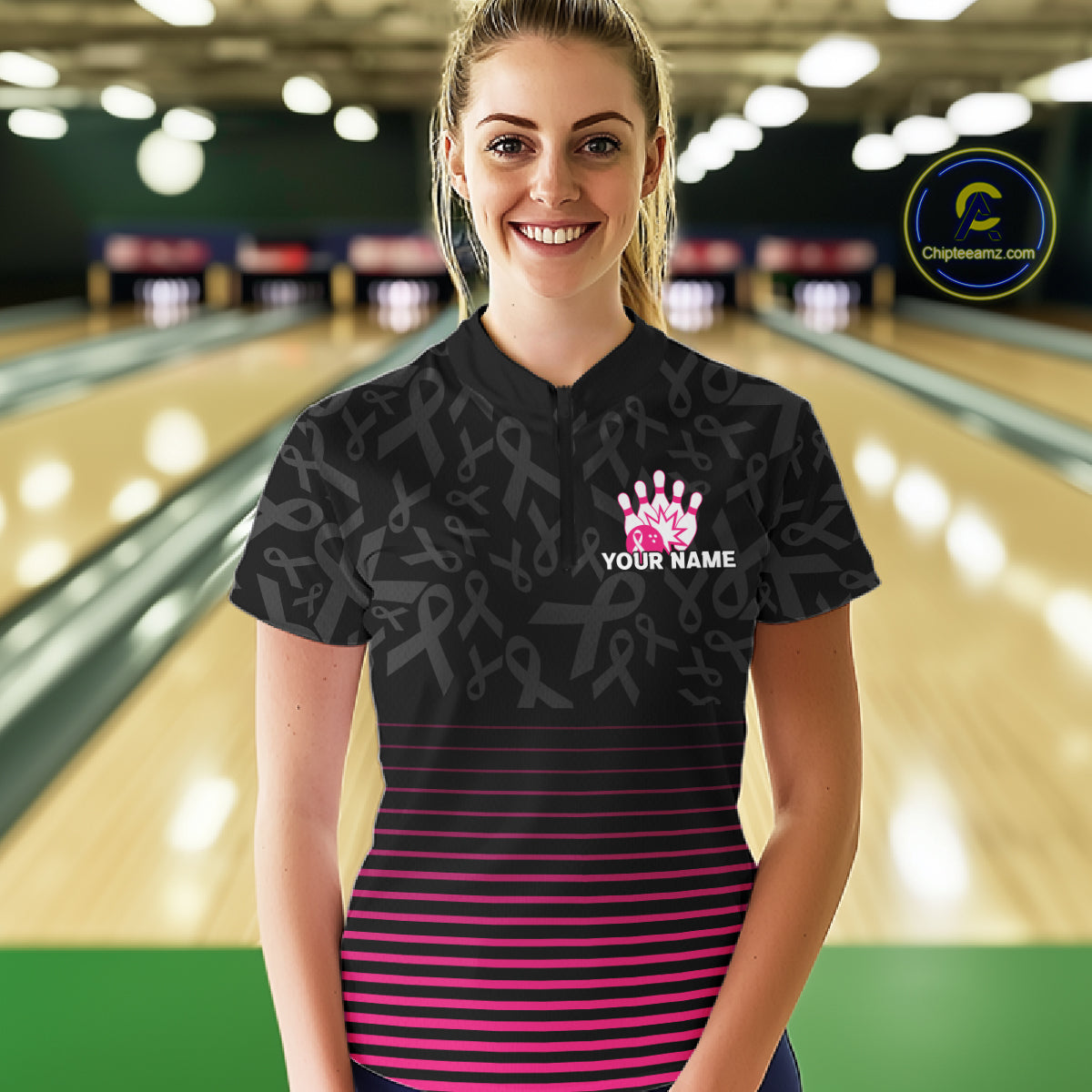 Pink and black Ribbons Pattern Bowling Shirts For Women Custom Breast cancer Team Bowler Jersey NQS10560
