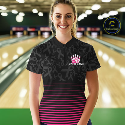 Pink and black Ribbons Pattern Bowling Shirts For Women Custom Breast cancer Team Bowler Jersey NQS10560