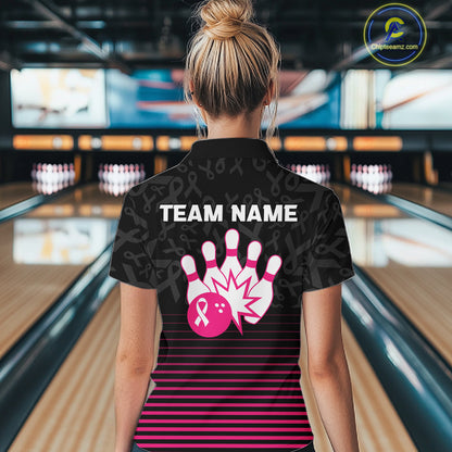 Pink and black Ribbons Pattern Bowling Shirts For Women Custom Breast cancer Team Bowler Jersey NQS10560