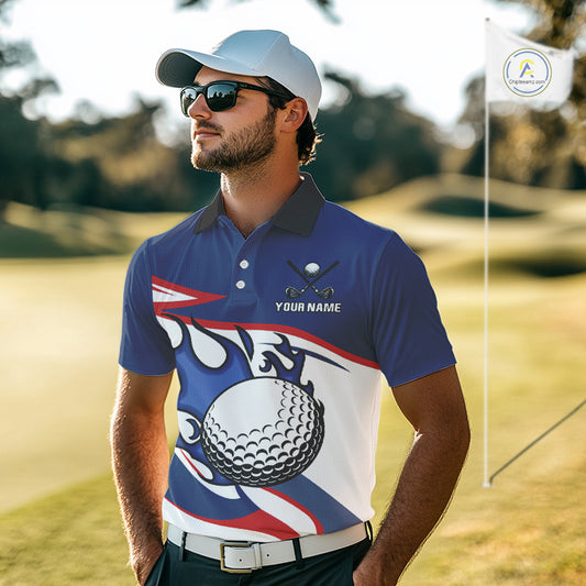 Red, White and Blue Flame golf ball Mens Golf polo shirts Custom patriotic Golf Outfit For Mens NQS10044