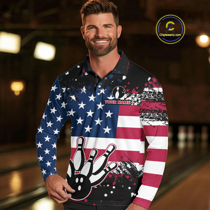 American Flag Black Bowling Polo, 1/4 Zip Shirts For Men custom patriotic retro bowling team shirts NQS10210