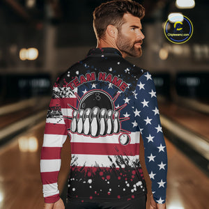 American Flag Black Bowling Polo, 1/4 Zip Shirts For Men custom patriotic retro bowling team shirts NQS10210