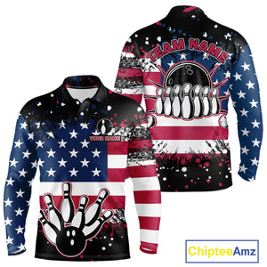 American Flag Black Bowling Polo, 1/4 Zip Shirts For Men custom patriotic retro bowling team shirts NQS10210