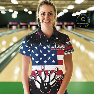 American Flag Black Bowling Polo, 1/4 Zip Shirts For Women custom patriotic retro bowling team shirts NQS10210