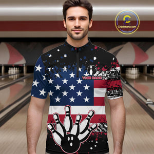 American Flag Black Bowling Polo, 1/4 Zip Shirts For Men custom patriotic retro bowling team shirts NQS10210