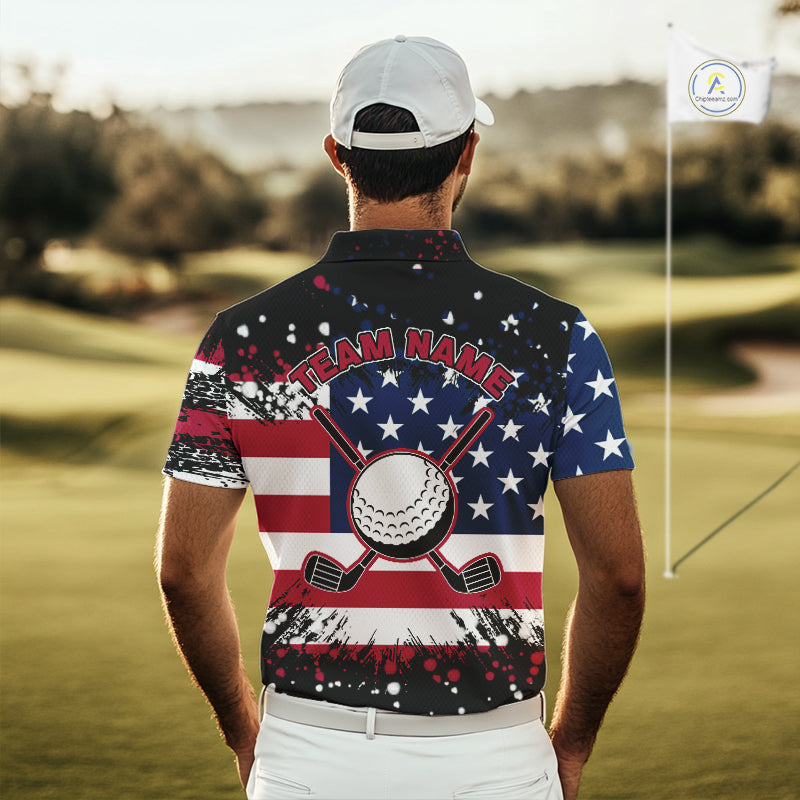 American Flag Black golf polo shirts for men custom patriotic retro golf team shirts, golfer gifts NQS10211