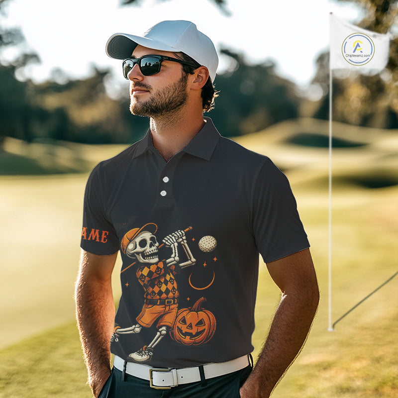 Black and Orange Skull Golf polo shirt for men Custom Halloween Mens golf outfit NQS10353