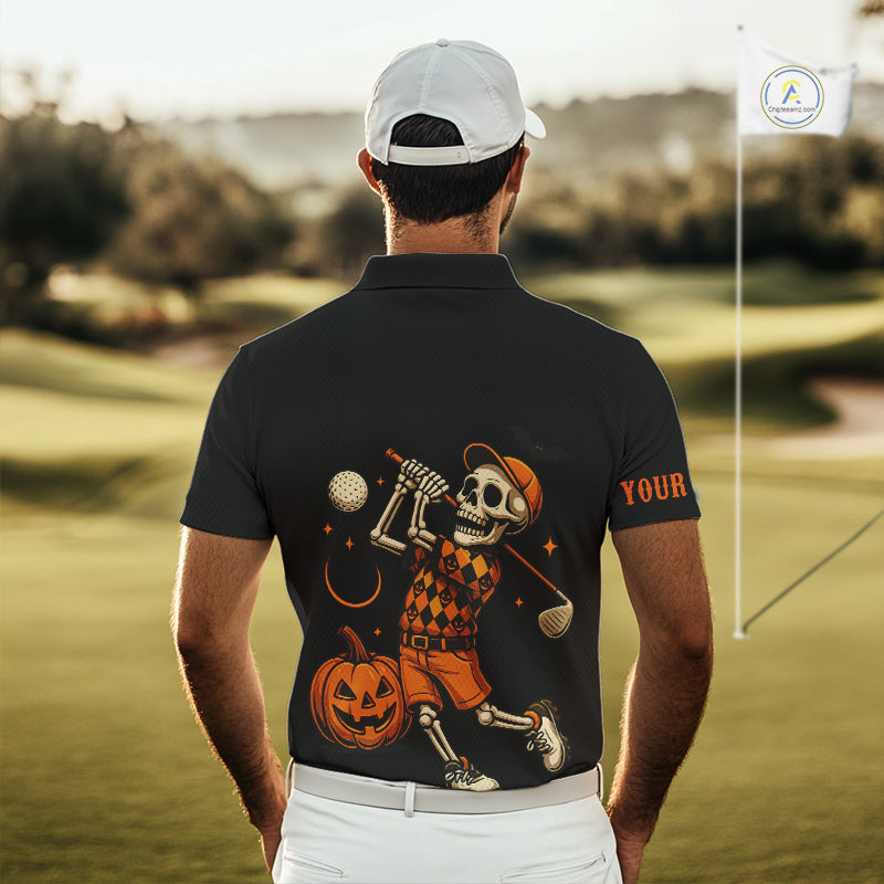 Black and Orange Skull Golf polo shirt for men Custom Halloween Mens golf outfit NQS10353
