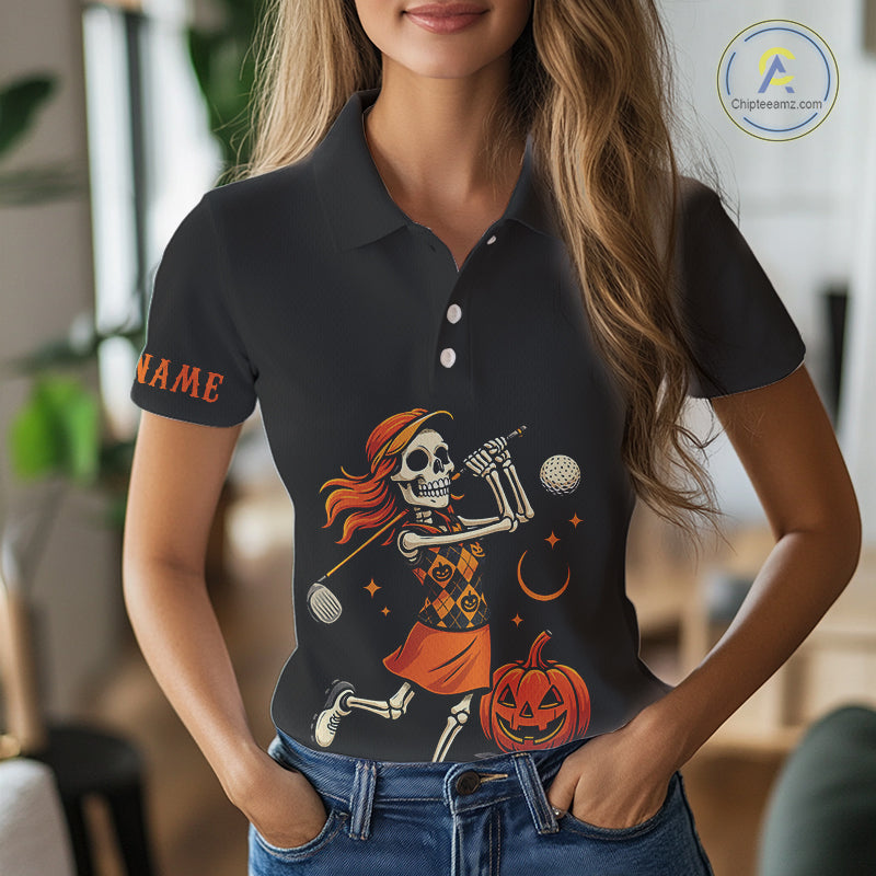 Black and Orange Skull Golf polo shirt for Women Custom Halloween Ladies golf outfit NQS10353