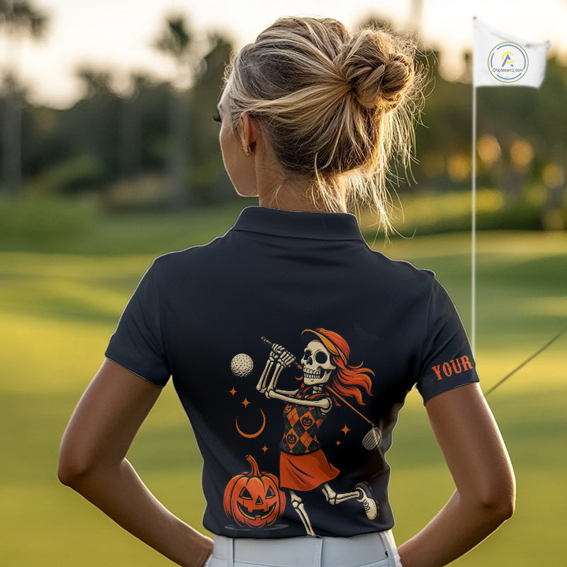 Black and Orange Skull Golf polo shirt for Women Custom Halloween Ladies golf outfit NQS10353