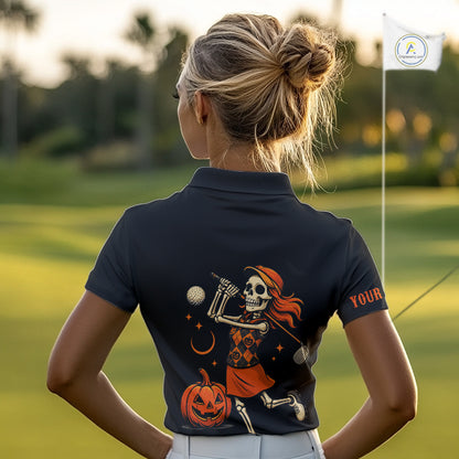 Black and Orange Skull Golf polo shirt for Women Custom Halloween Ladies golf outfit NQS10353