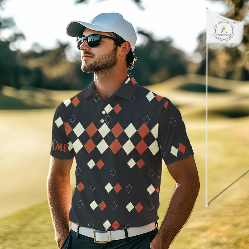 Black and Orange argyle plaid pattern Mens golf polo shirts custom Halloween golf wear for men NQS10356