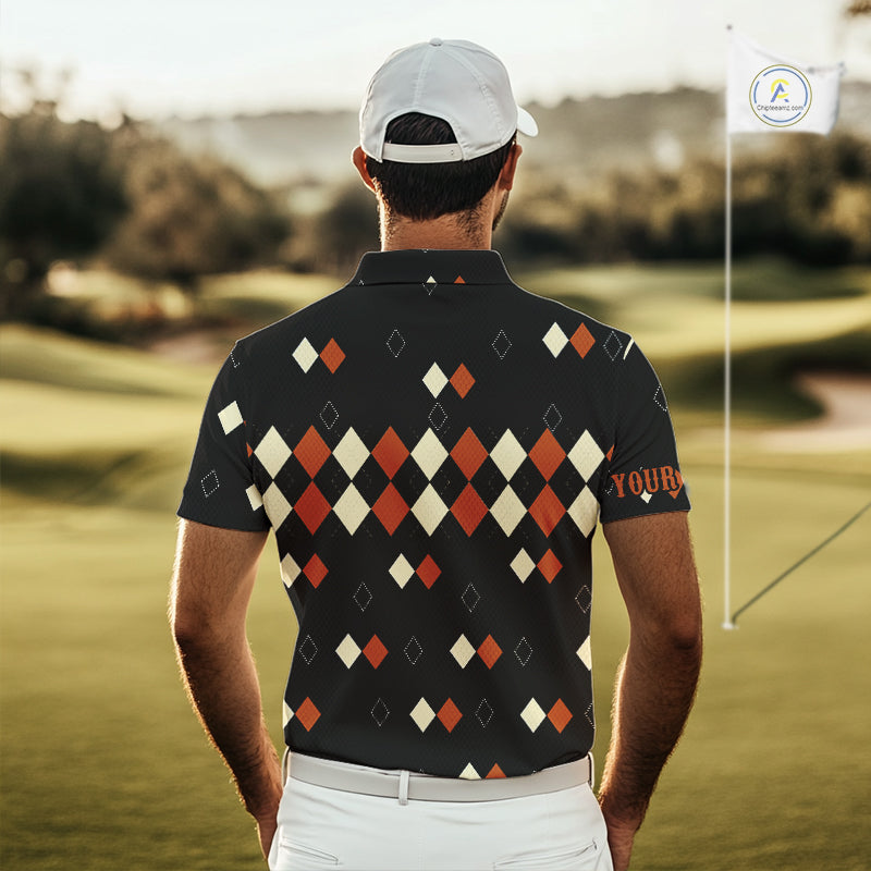 Black and Orange argyle plaid pattern Mens golf polo shirts custom Halloween golf wear for men NQS10356