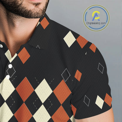 Black and Orange argyle plaid pattern Mens golf polo shirts custom Halloween golf wear for men NQS10356