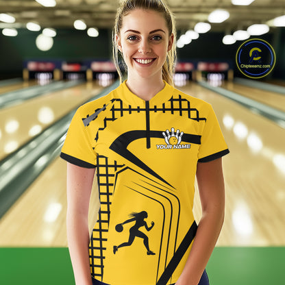 Custom Black and Yellow Bowling Shirts For Women, Personalized Team Bowling Jersey Bowler Outfit NQS10575