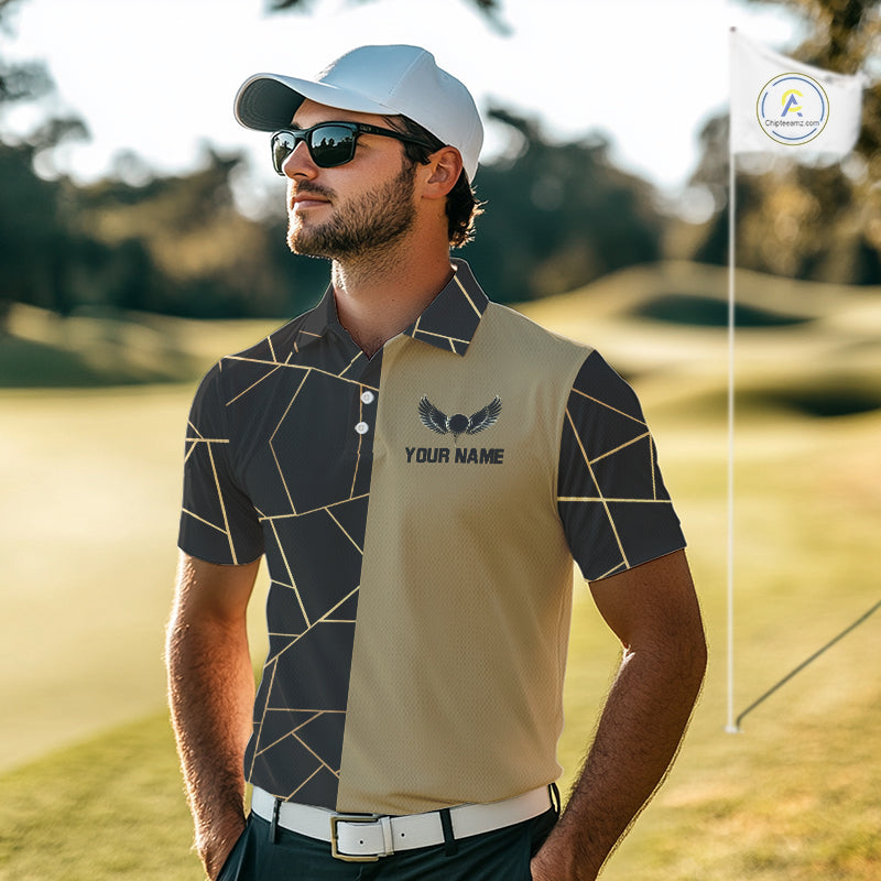 Black and Gold pattern Mens Golf polo shirts custom golf attire for men, golfing gifts NQS10359