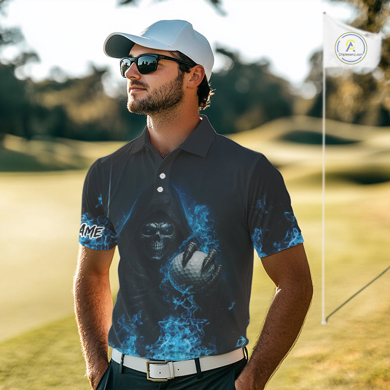 Blue Flame Skull reaper Mens Golf polo shirts custom golf top for men, best golf gifts NQS10360