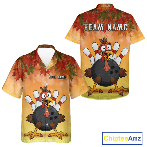 Custom Funny Turkey Bowling Hawaiian Shirt, maple leaf pattern Thanksgiving Bowling Team Uniform NQS10368
