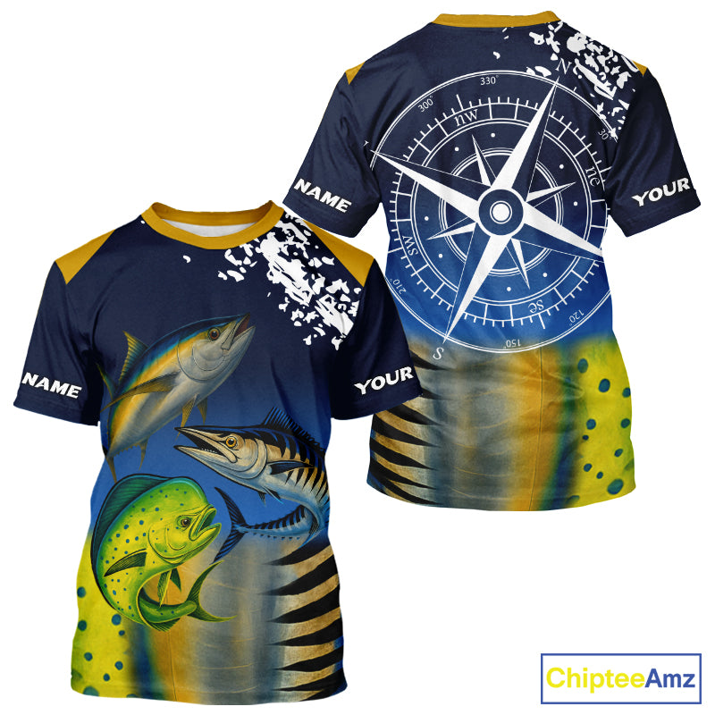 Personalized Mahi Mahi, Wahoo, Tuna scales blue Fishing Shirts, compass offshore tournament Shirts NQS10371