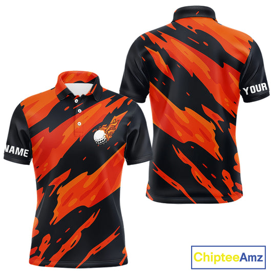 Black and Orange Flame Golf polo shirts for mens Custom mens golf outfit, personalized golf gifts NQS10069