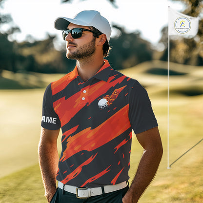 Black and Orange Flame Golf polo shirts for mens Custom mens golf outfit, personalized golf gifts NQS10069