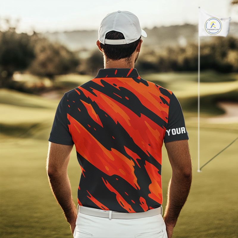Black and Orange Flame Golf polo shirts for mens Custom mens golf outfit, personalized golf gifts NQS10069