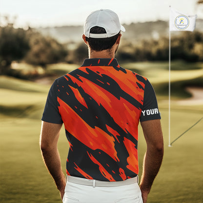 Black and Orange Flame Golf polo shirts for mens Custom mens golf outfit, personalized golf gifts NQS10069
