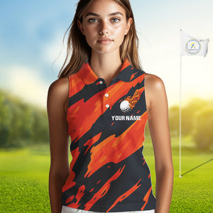 Black and Orange Flame Women Sleeveless Golf polo shirts Custom ladies golf outfit, golf gifts NQS10069