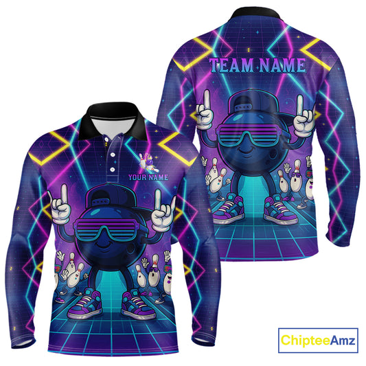 Purple neon stage funny Bowling polo, quarter zip shirts for Men Custom funny bowling team shirts NQS10299