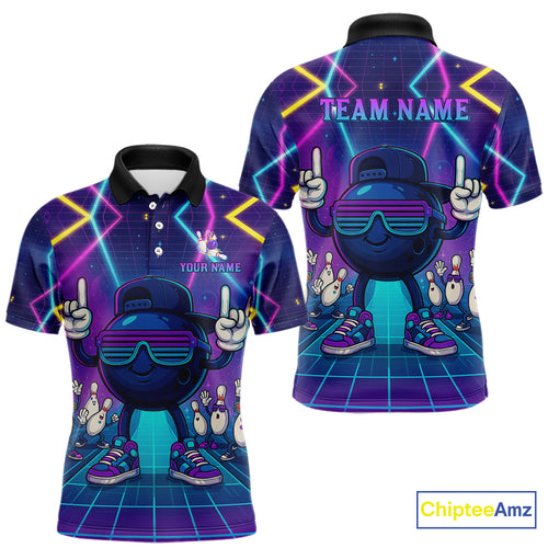 Purple neon stage funny Bowling polo, quarter zip shirts for Men Custom funny bowling team shirts NQS10299