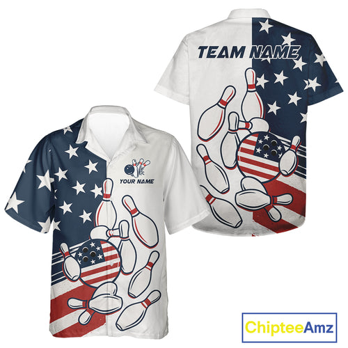 Custom American flag Bowling Hawaiian Shirt personalized red, white and blue patriotic bowling shirt NQS10313