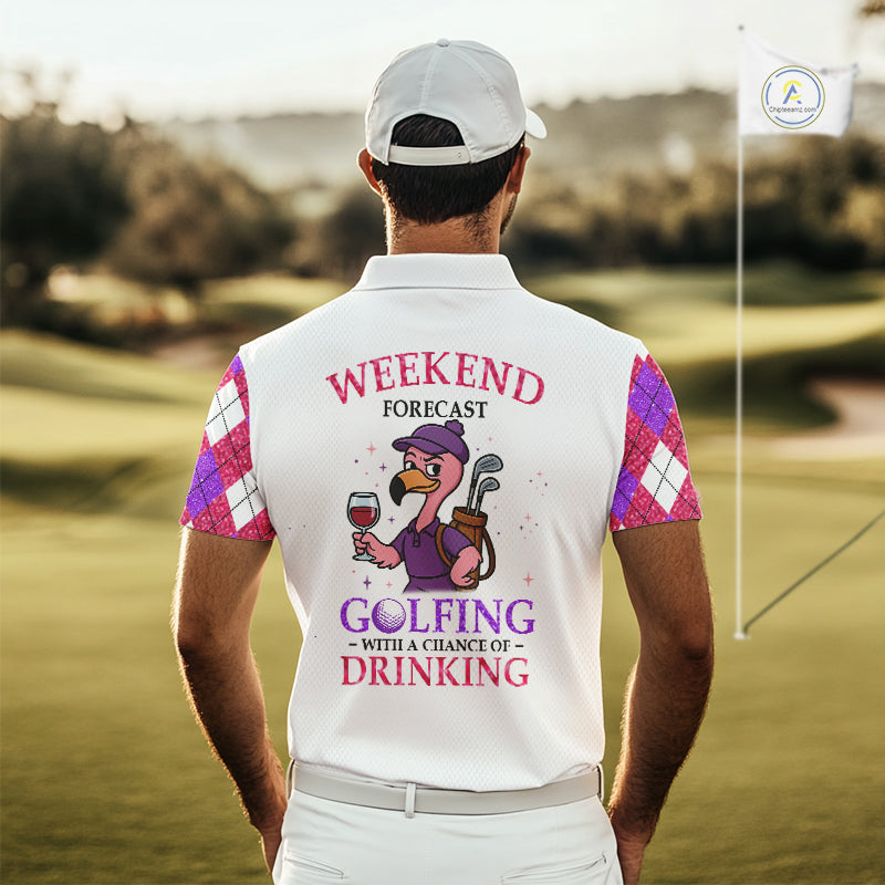 Pink & purple glitter argyle pattern Flamingo Men golf polo shirt Custom weekend forecast golf & wine NQS10325