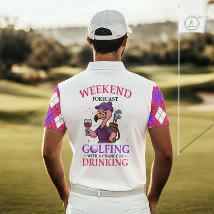 Pink & purple glitter argyle pattern Flamingo Men golf polo shirt Custom weekend forecast golf & wine NQS10325