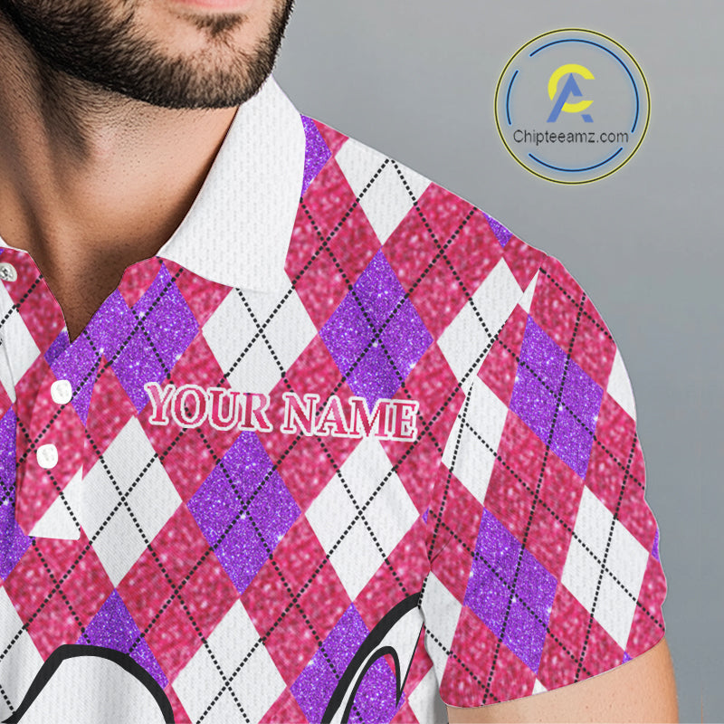 Pink & purple glitter argyle pattern Flamingo Men golf polo shirt Custom weekend forecast golf & wine NQS10325