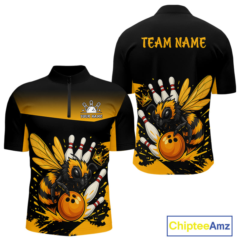 Custom Black and Yellow Bee Bowling Polo, Quarter Zip Shirts For Men, Bee Bowling Team Bowlers Outfit NQS10361