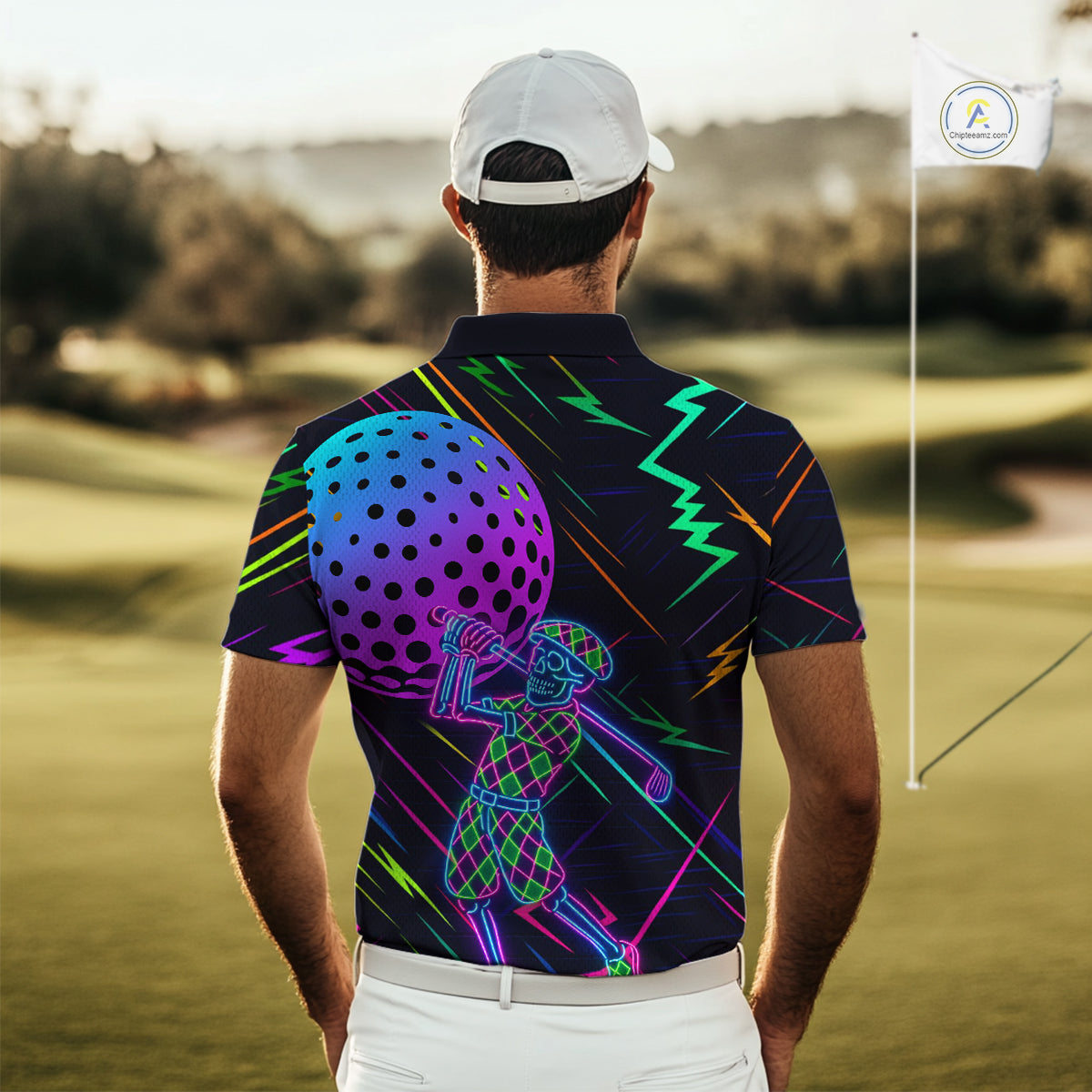 Colorful Neon skull golfer Men golf polo shirt custom golf attire for men, cool golf gifts NQS10098