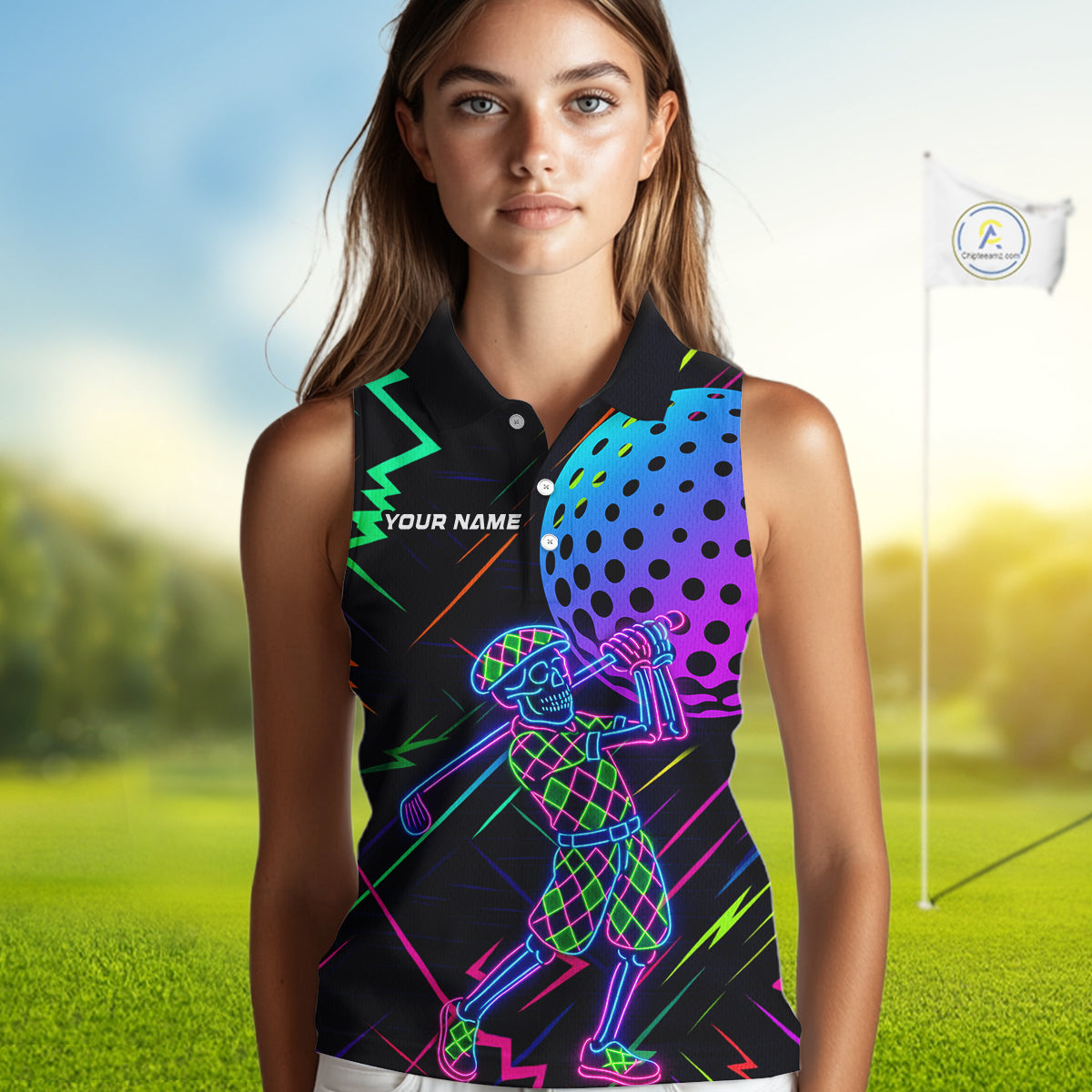 Colorful Neon skull golfer Women Sleeveless polo shirt custom golf attire for ladies, cool golf gifts NQS10098