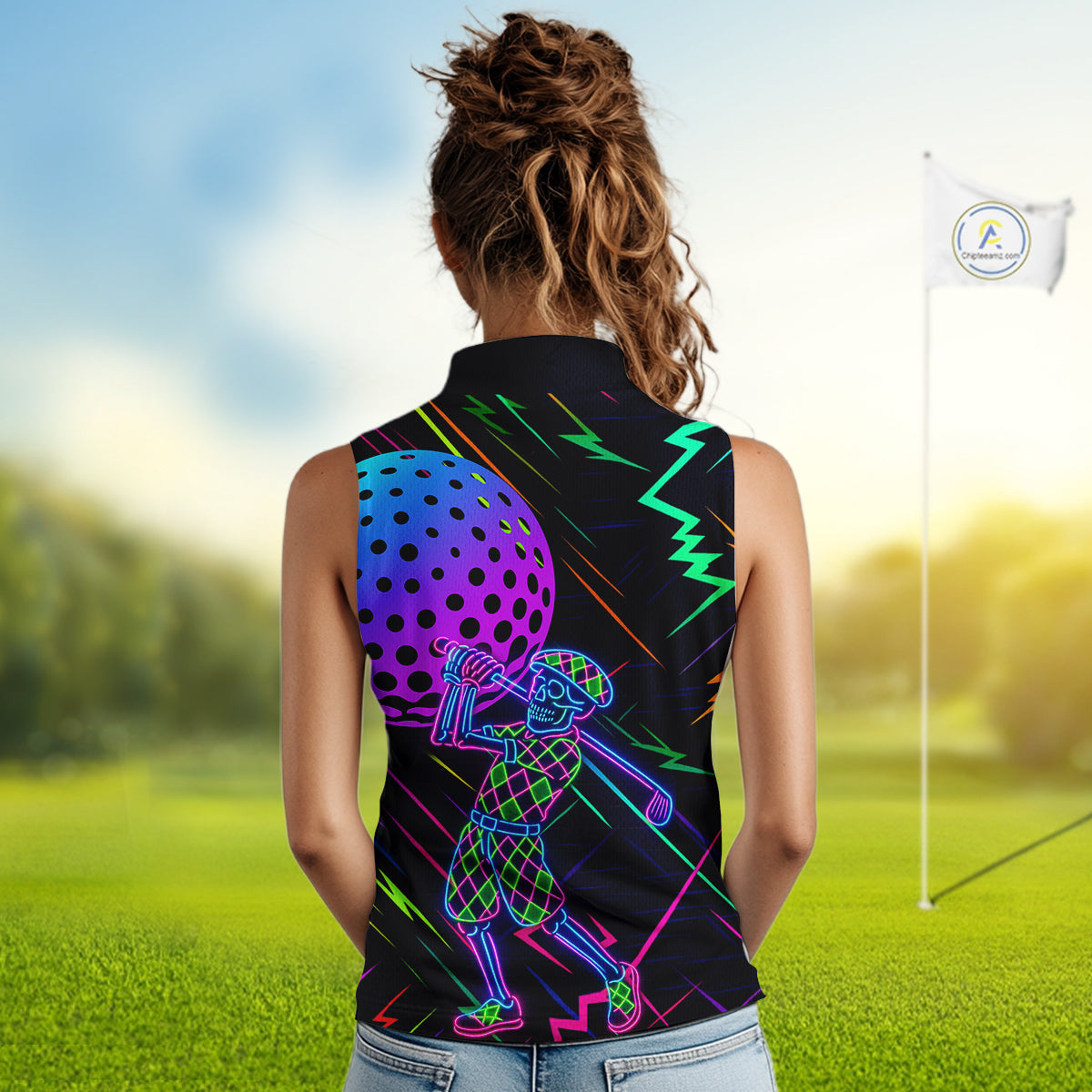 Colorful Neon skull golfer Women Sleeveless polo shirt custom golf attire for ladies, cool golf gifts NQS10098
