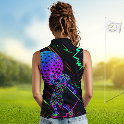 Colorful Neon skull golfer Women Sleeveless polo shirt custom golf attire for ladies, cool golf gifts NQS10098