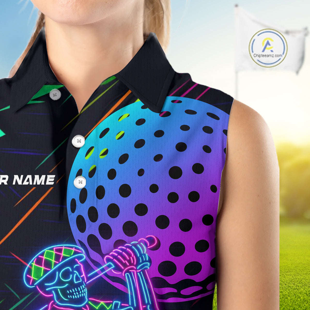 Colorful Neon skull golfer Women Sleeveless polo shirt custom golf attire for ladies, cool golf gifts NQS10098
