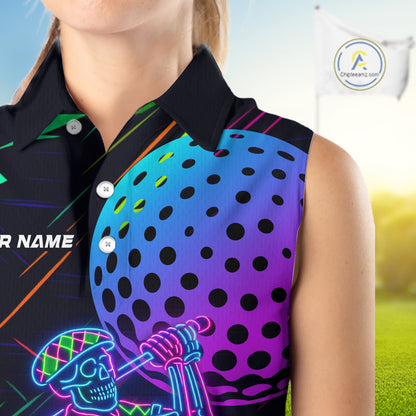 Colorful Neon skull golfer Women Sleeveless polo shirt custom golf attire for ladies, cool golf gifts NQS10098