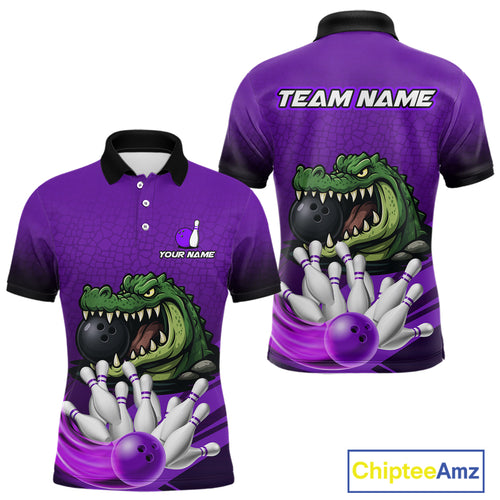 Funny Purple Alligator Bowling Polo, Quarter Zip shirts for Men Custom Team bowling league jersey NQS10631