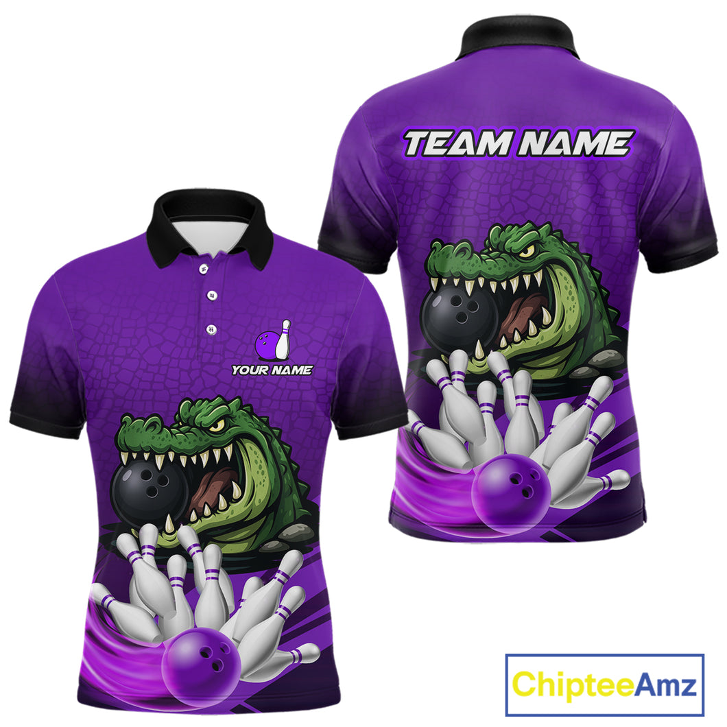 Funny Purple Alligator Bowling Polo, Quarter Zip shirts for Men Custom Team bowling league jersey NQS10631