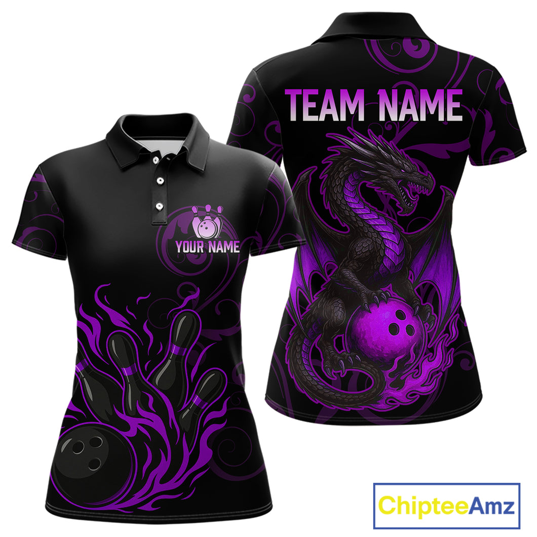 Black And Purple Flame Custom Dragon Bowling Team Shirts For Women, Bowling Uniform Outfit NQS9963