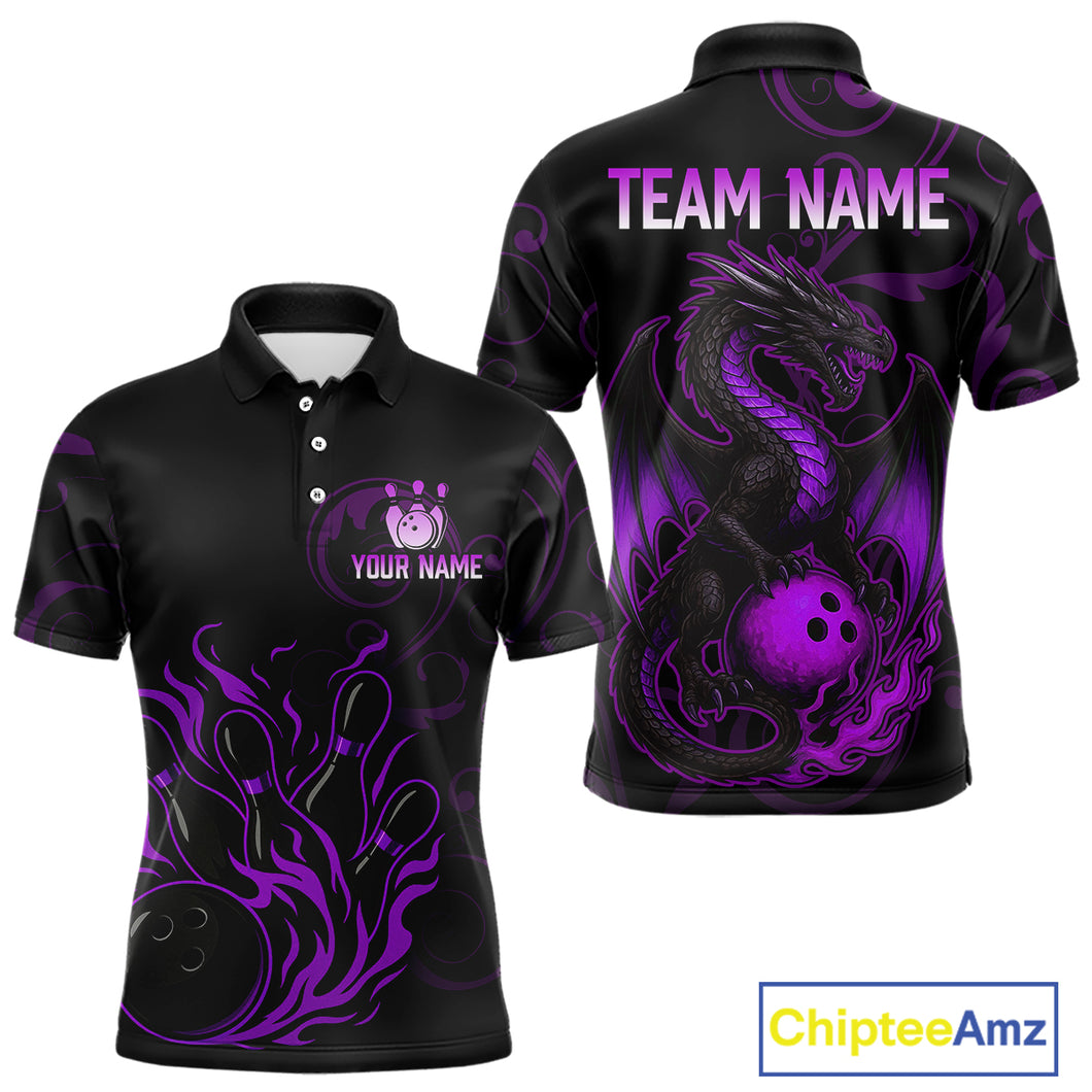 Black And Purple Flame Custom Dragon Bowling Team Shirts For Men, Bowling Uniform Outfit NQS9963