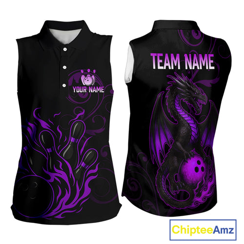 Black And Purple Flame Custom Dragon Bowling sleeveless polo Team Shirts, Bowling Uniform Outfit NQS9963